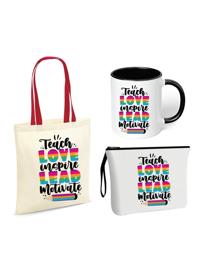 PRINTSHOP4ME Teacher's Day Gift Combo Stylish Red Handled Cotton Bag-Two Tone Black Mugs And Cosmetic Pouch-Pack Of 3 Combo Set-World Teachers Day - Image 1