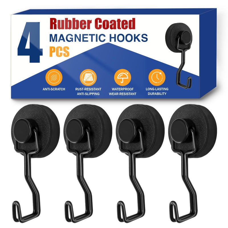 JINGZHAN Magnetic Hooks for Grill & Refrigerator, 4-Pack Heavy Duty Rubber Coated Rust Proof Hooks â€“ Strong Magnet for Hanging Grill Tools, Kitchen Utensils, Towels, Outdoor Camping BBQ Accessories (Black) - Image 1