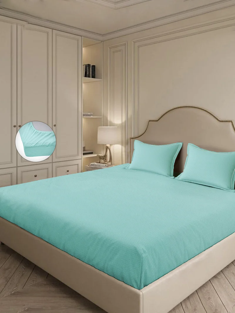 مالبيري ليفينج 100% Cotton 3 pc set -Micro checks- fitted bedsheet 180x200x30cms / 2 pillowcover 50x75 cms - Stratosphre Blue