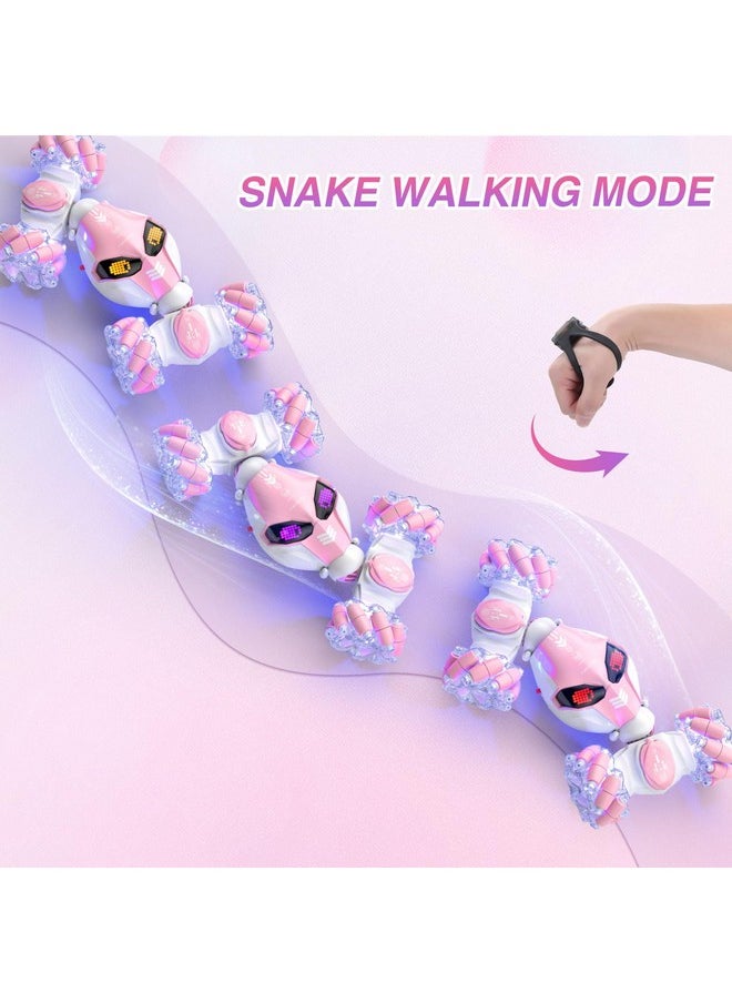 Powerextra Powerextra Gesture Sensing Rc Stunt Car with Light & Music for Girls, 4WD Hand Controlled Double Sided 360° Flips Off Road Transform Remote Control Car with LED Light, Toy Gift for Age 8+ Kids, Pink  - Image 3