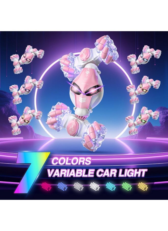 Powerextra Powerextra Gesture Sensing Rc Stunt Car with Light & Music for Girls, 4WD Hand Controlled Double Sided 360° Flips Off Road Transform Remote Control Car with LED Light, Toy Gift for Age 8+ Kids, Pink  - Image 2