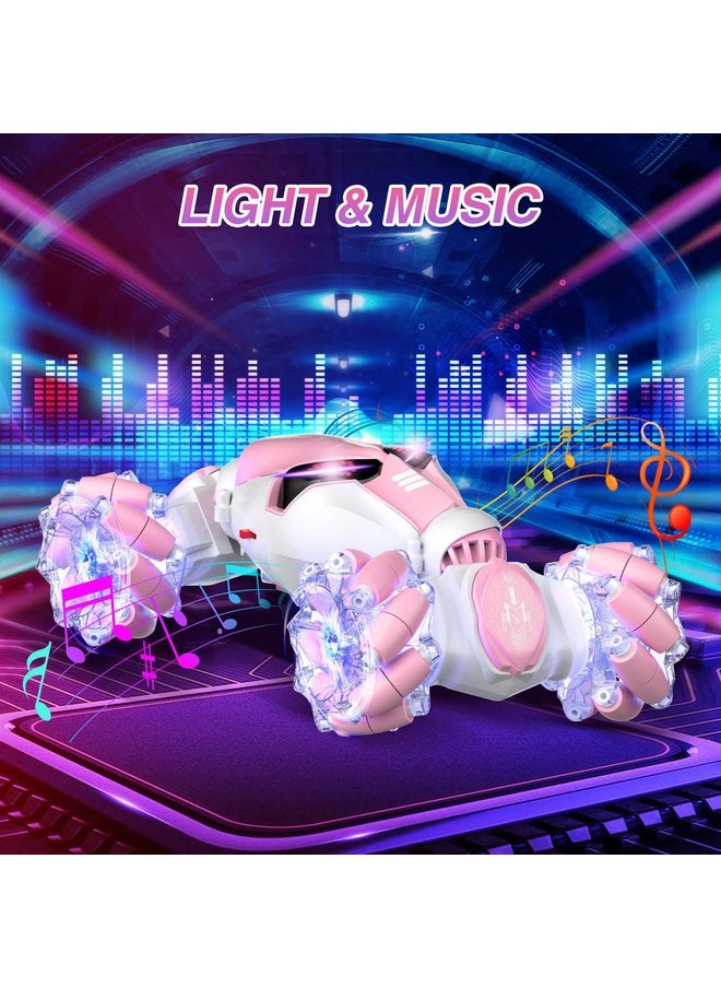 Powerextra Powerextra Gesture Sensing Rc Stunt Car with Light & Music for Girls, 4WD Hand Controlled Double Sided 360° Flips Off Road Transform Remote Control Car with LED Light, Toy Gift for Age 8+ Kids, Pink  - Image 5