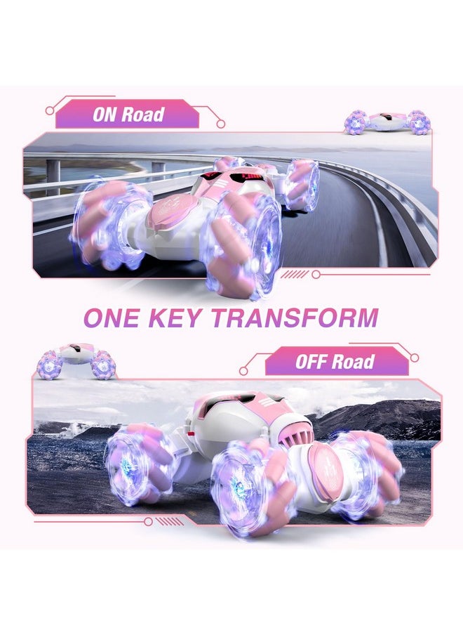 Powerextra Powerextra Gesture Sensing Rc Stunt Car with Light & Music for Girls, 4WD Hand Controlled Double Sided 360° Flips Off Road Transform Remote Control Car with LED Light, Toy Gift for Age 8+ Kids, Pink  - Image 4
