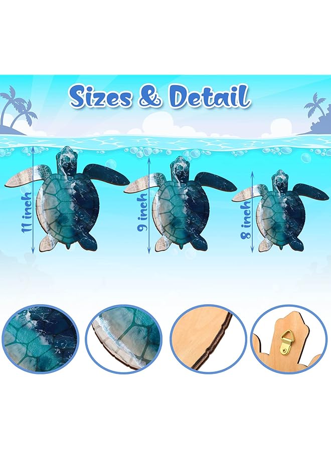 إيروريكس 3 أحجام ديكور حائط سلحفاة بحرية سلحفاة محيطية ديكورات فنية على شكل شاطئ سلحفاة بحرية خشبية ديكور حائط سلحفاة بحرية معلقة ديكور حائط سلحفاة فنية للحياة البحرية للحمام الداخلي والخارجي أزرق داكن - Image 2