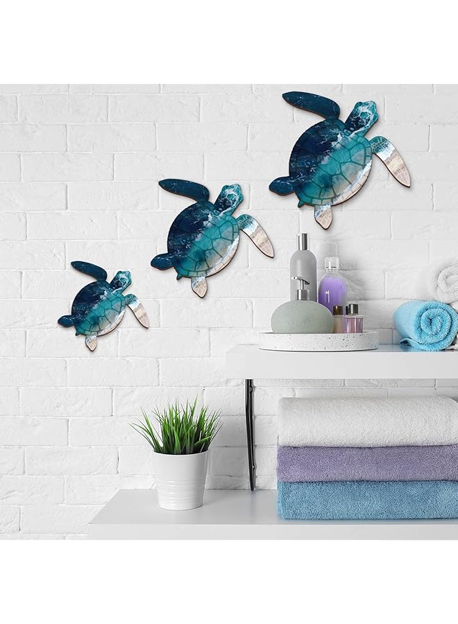 إيروريكس 3 أحجام ديكور حائط سلحفاة بحرية سلحفاة محيطية ديكورات فنية على شكل شاطئ سلحفاة بحرية خشبية ديكور حائط سلحفاة بحرية معلقة ديكور حائط سلحفاة فنية للحياة البحرية للحمام الداخلي والخارجي أزرق داكن - Image 1