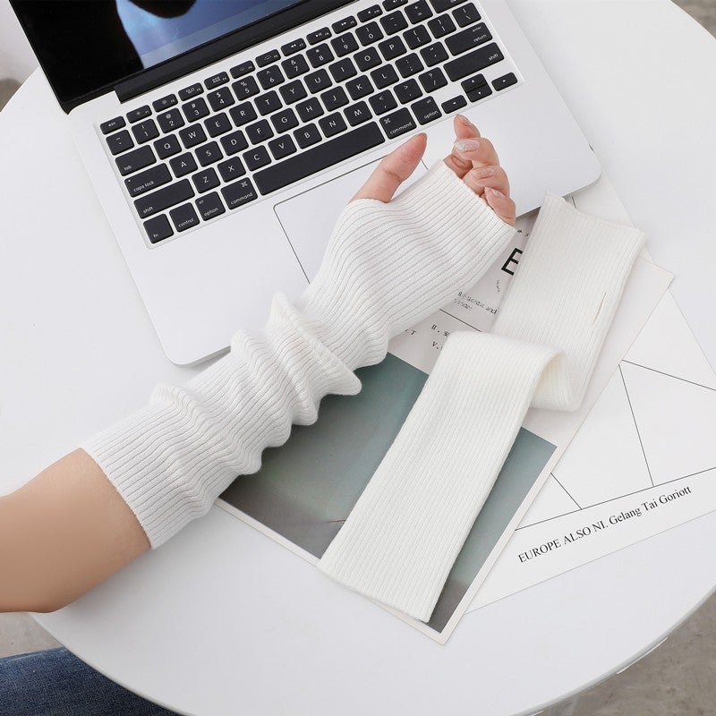 Fashion Knitted Fingerless Long Arm Warmers White 