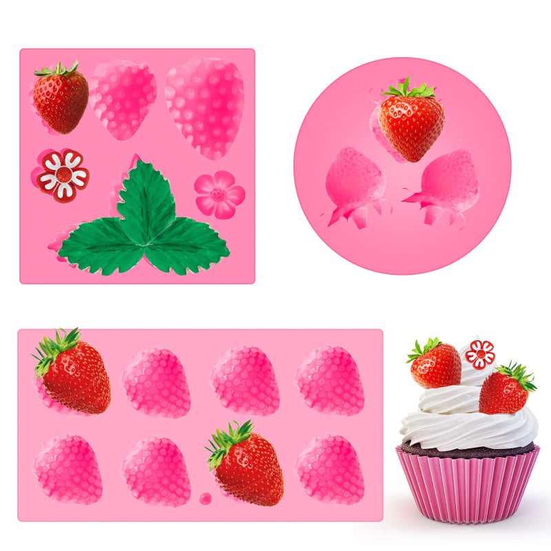 3 Pcs 3D Strawberry and Flowers Silicone Mold Strawberry Baking Mold Fruit Fondant Handmade Candy Jelly Bakeware for Baking Chocolate Pan Cake Kid Cupcake Soap Candle Clay Resin Wax Making
