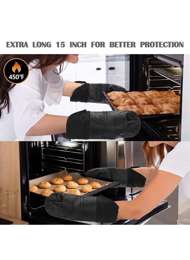 EETU Oven Mitts And Pot Holders Set,Heat Resistant Silicone Waterproof Extra Long Oven Gloves With Hot Pads And Mini Oven Mittens For Grilling Kitchen Cooking Baking,Quilted Lining,Black Pack of 6 - Image 3