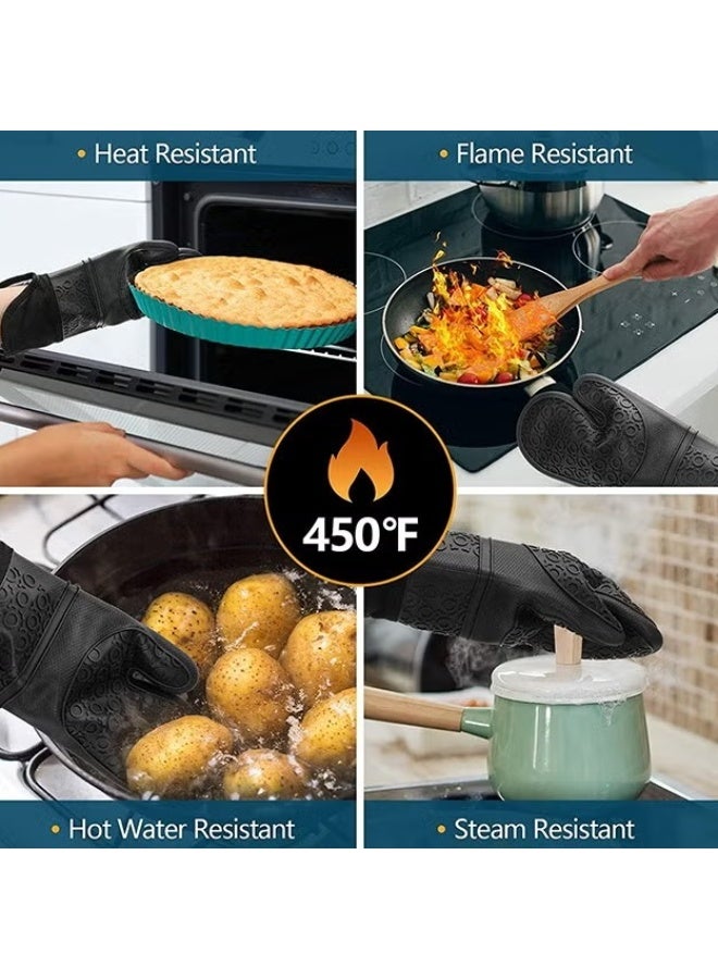 EETU Oven Mitts And Pot Holders Set,Heat Resistant Silicone Waterproof Extra Long Oven Gloves With Hot Pads And Mini Oven Mittens For Grilling Kitchen Cooking Baking,Quilted Lining,Black Pack of 6 - Image 4