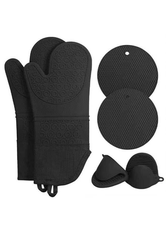 EETU Oven Mitts And Pot Holders Set,Heat Resistant Silicone Waterproof Extra Long Oven Gloves With Hot Pads And Mini Oven Mittens For Grilling Kitchen Cooking Baking,Quilted Lining,Black Pack of 6 - Image 1