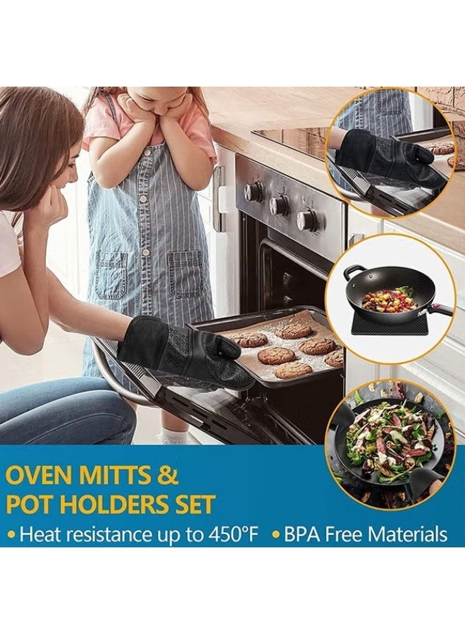 EETU Oven Mitts And Pot Holders Set,Heat Resistant Silicone Waterproof Extra Long Oven Gloves With Hot Pads And Mini Oven Mittens For Grilling Kitchen Cooking Baking,Quilted Lining,Black Pack of 6 - Image 2