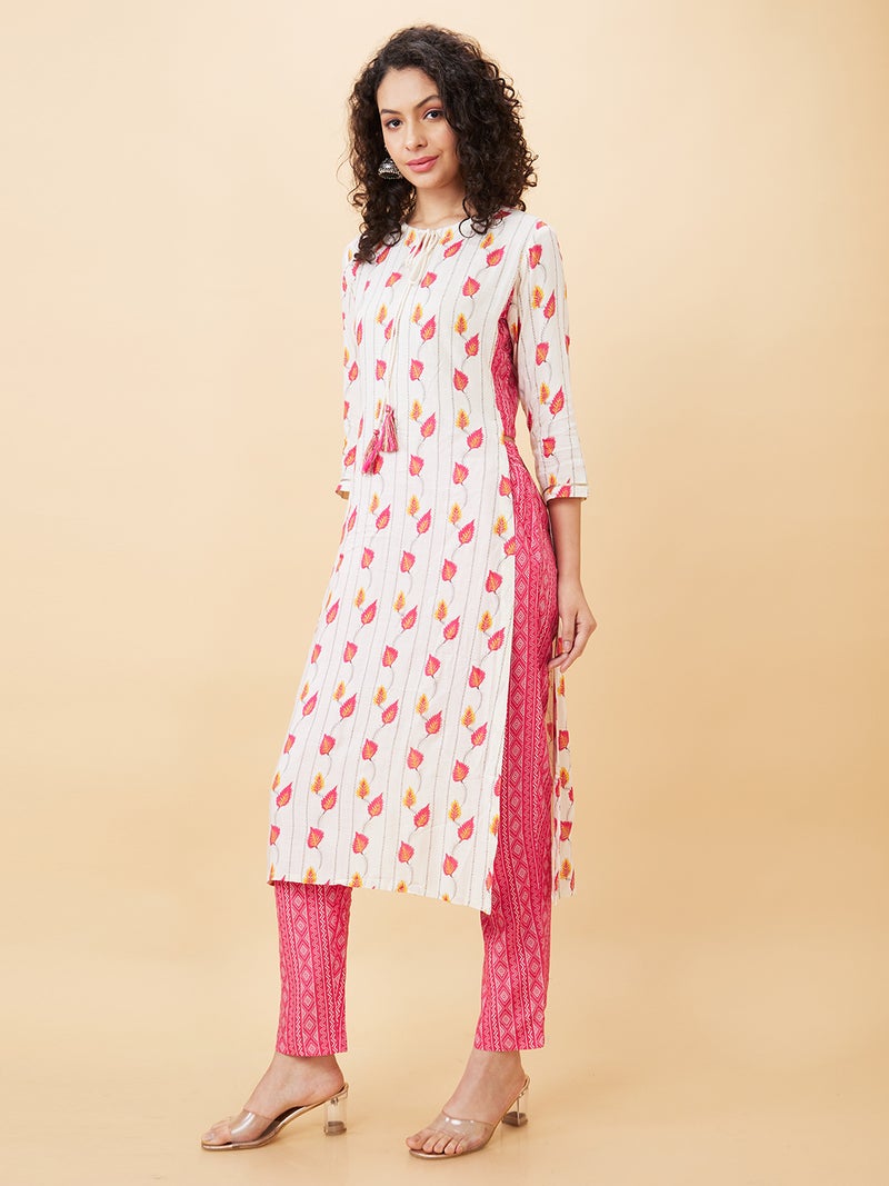 globus Globus Women Floral Printed Tie-Ups Neck Kurta With Trousers  - Image 4