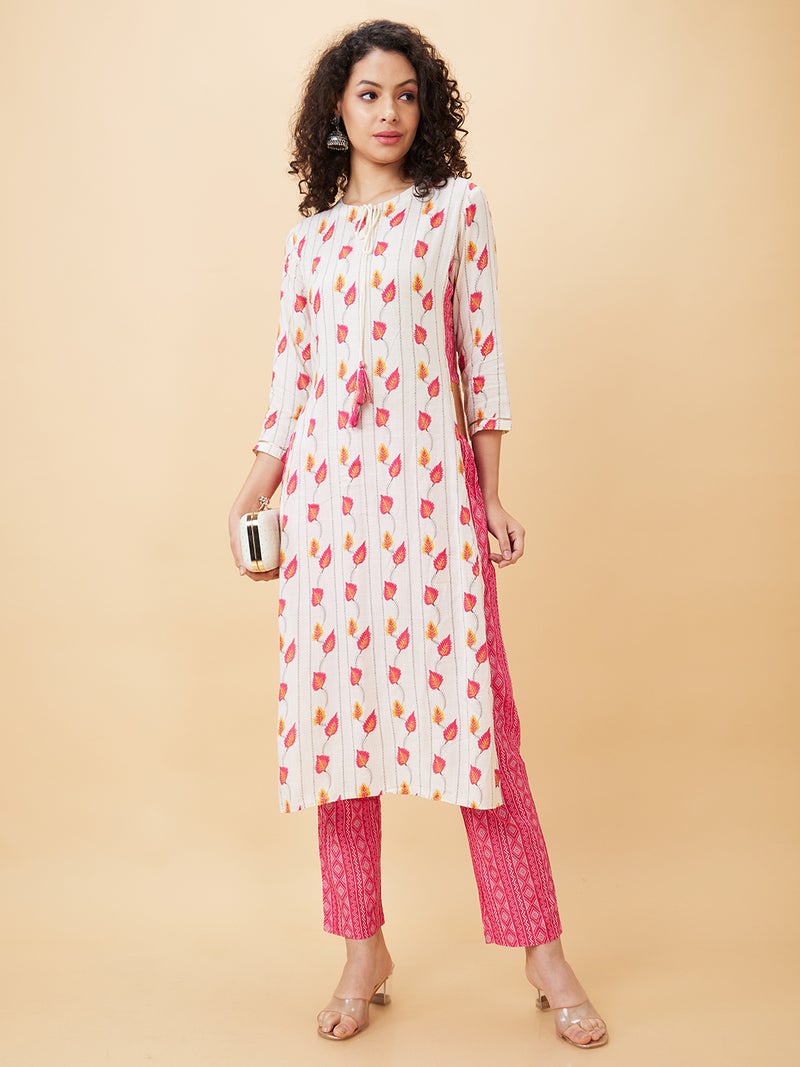 globus Globus Women Floral Printed Tie-Ups Neck Kurta With Trousers  - Image 1
