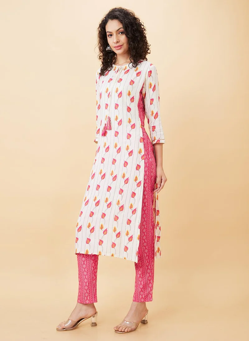 globus Globus Women Floral Printed Tie-Ups Neck Kurta With Trousers Festive Set