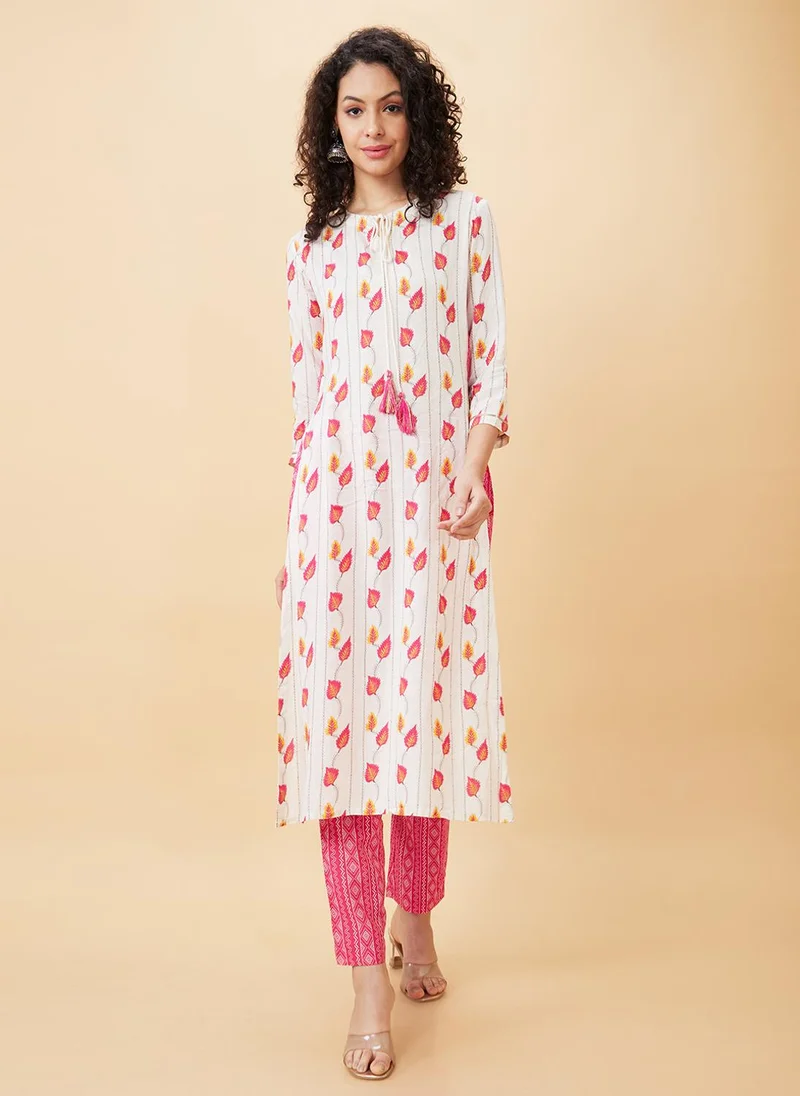 globus Globus Women Floral Printed Tie-Ups Neck Kurta With Trousers Festive Set