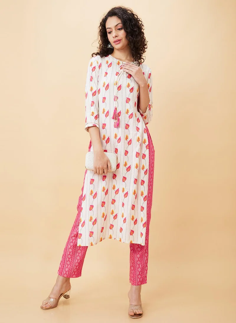 globus Globus Women Floral Printed Tie-Ups Neck Kurta With Trousers Festive Set