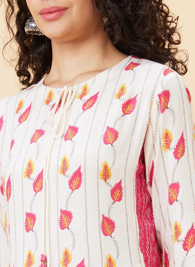 globus Globus Women Floral Printed Tie-Ups Neck Kurta With Trousers Festive Set