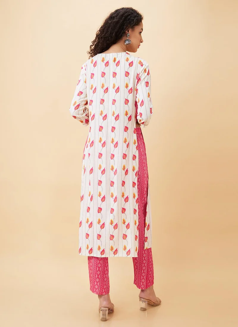 globus Globus Women Floral Printed Tie-Ups Neck Kurta With Trousers Festive Set