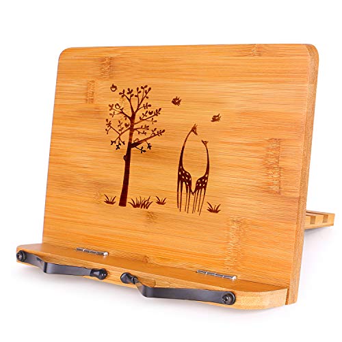 MEGREZ Bamboo Book Stand 11 x 8.0 inch, Foldable Cookbook Holder with 6 Adjustable Height, Reading Book Holder for Recipe, Music Book, Textbook, Tablet Stand, Tree and Giraffe - Image 1