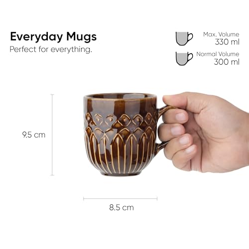 Shay Ceramic Coffee Mug Set, Set of 2, 330ml, Brown Carving | Medium Mug | Glossy Finish | Porcelain Coffee Cup Set | Microwave Safe (Carving Milk Mug, Brown, Set of 2) - Image 4