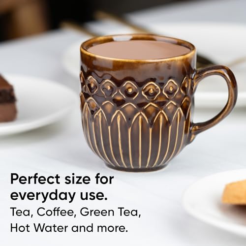 Shay Ceramic Coffee Mug Set, Set of 2, 330ml, Brown Carving | Medium Mug | Glossy Finish | Porcelain Coffee Cup Set | Microwave Safe (Carving Milk Mug, Brown, Set of 2) - Image 5