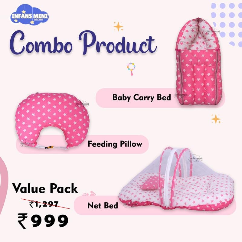 Infans Mini طقم سرير أطفال إنفانس ميني، 3 قطع أساسية للنوم من القطن | كيس نوم للأطفال | وسادة رضاعة للأم | شبكة ناموسية للسرير للأطفال من 0-6 أشهر (نجمة وردية) - Image 2