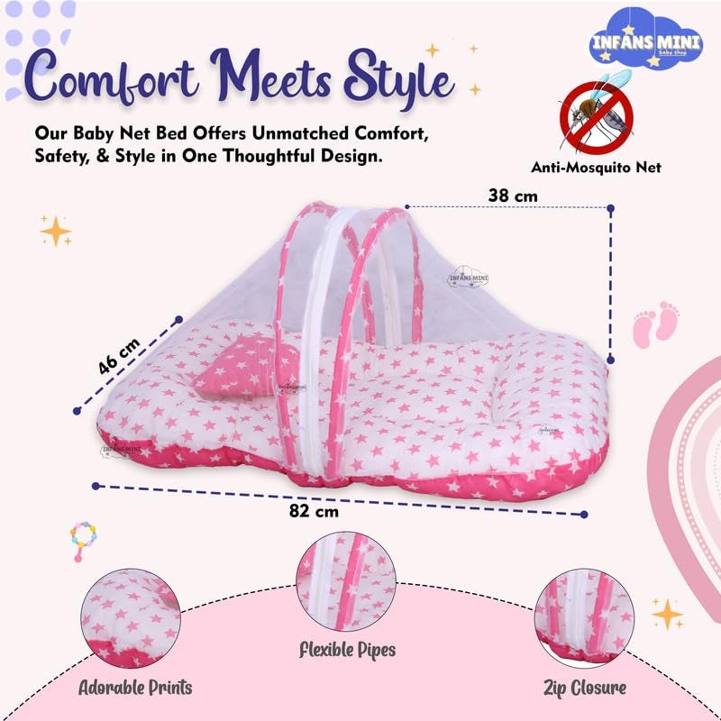 Infans Mini طقم سرير أطفال إنفانس ميني، 3 قطع أساسية للنوم من القطن | كيس نوم للأطفال | وسادة رضاعة للأم | شبكة ناموسية للسرير للأطفال من 0-6 أشهر (نجمة وردية) - Image 5
