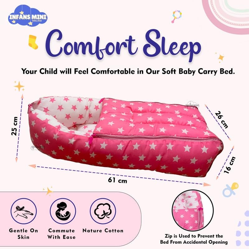 Infans Mini طقم سرير أطفال إنفانس ميني، 3 قطع أساسية للنوم من القطن | كيس نوم للأطفال | وسادة رضاعة للأم | شبكة ناموسية للسرير للأطفال من 0-6 أشهر (نجمة وردية) - Image 3