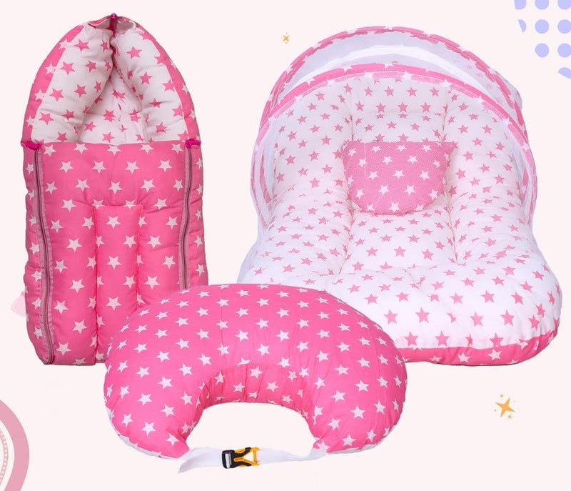 Infans Mini طقم سرير أطفال إنفانس ميني، 3 قطع أساسية للنوم من القطن | كيس نوم للأطفال | وسادة رضاعة للأم | شبكة ناموسية للسرير للأطفال من 0-6 أشهر (نجمة وردية) - Image 1