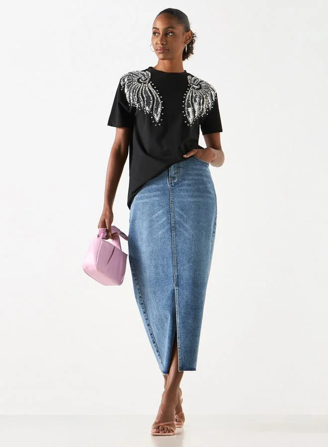 2Xtremz 2Xtremz Embellished Crew Neck T-shirt with Short Sleeves