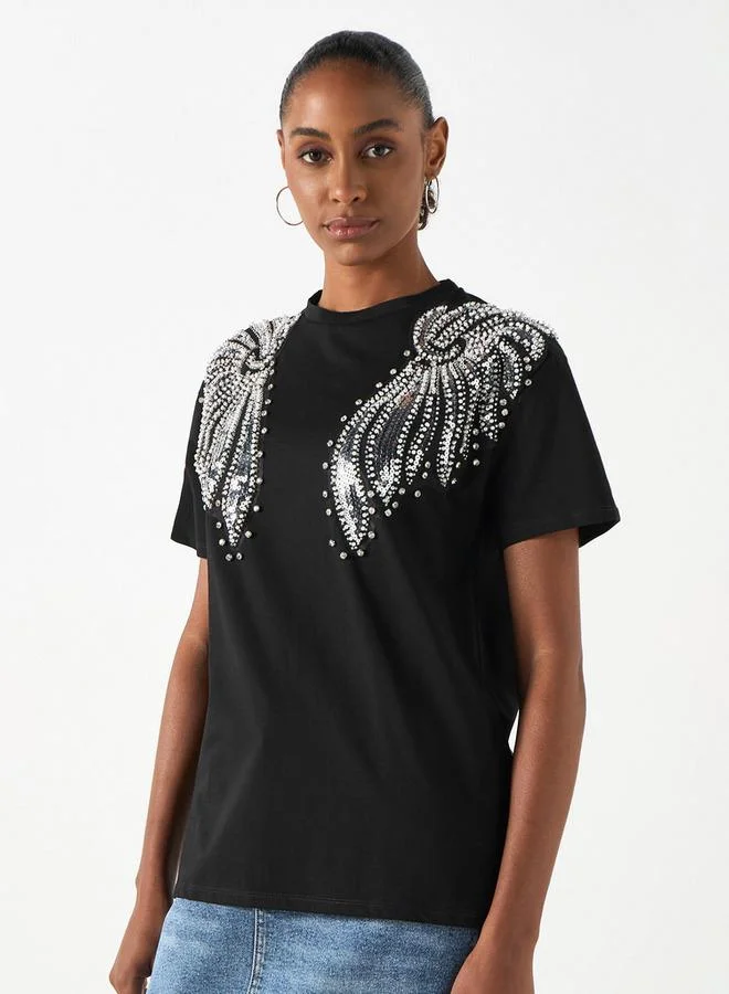2Xtremz 2Xtremz Embellished Crew Neck T-shirt with Short Sleeves