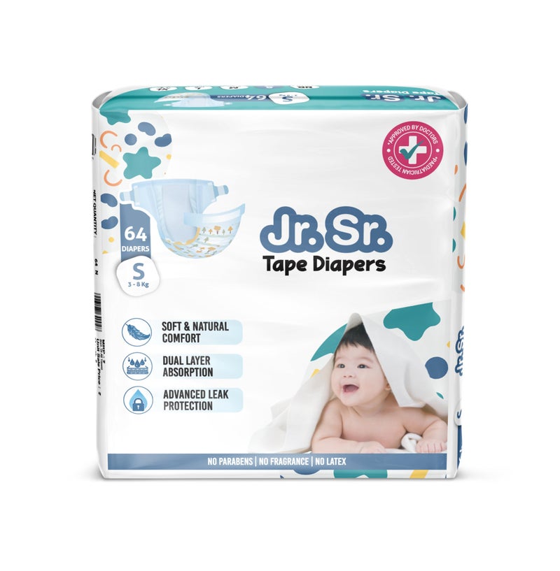 Jr. Sr. Baby Tape Style Diaper | Adjustable Fit For Babies | Small (S) Size (3-8 kg), 64 Count | Pack of 1 | Upto 12 hr Absorption with Advanced Leak Protection | Soft & Comfy - Image 1