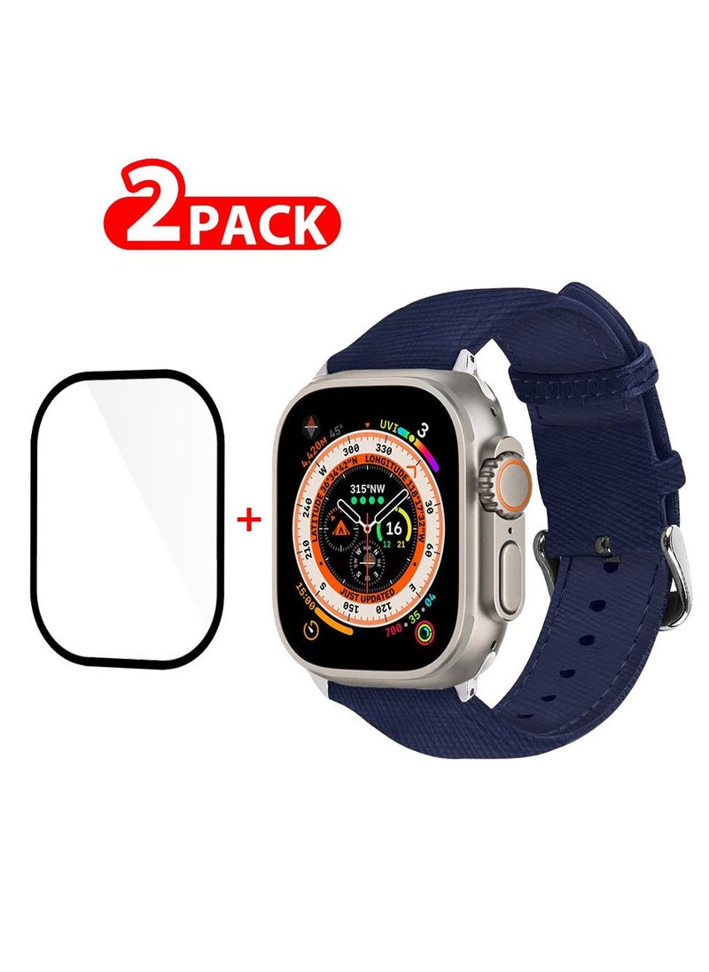 CATANES - 2 Packs For Apple Watch Band 49mm Leather Band Buckle Strap Wristband and 3D Screen Protector Royal Blue - Image 1