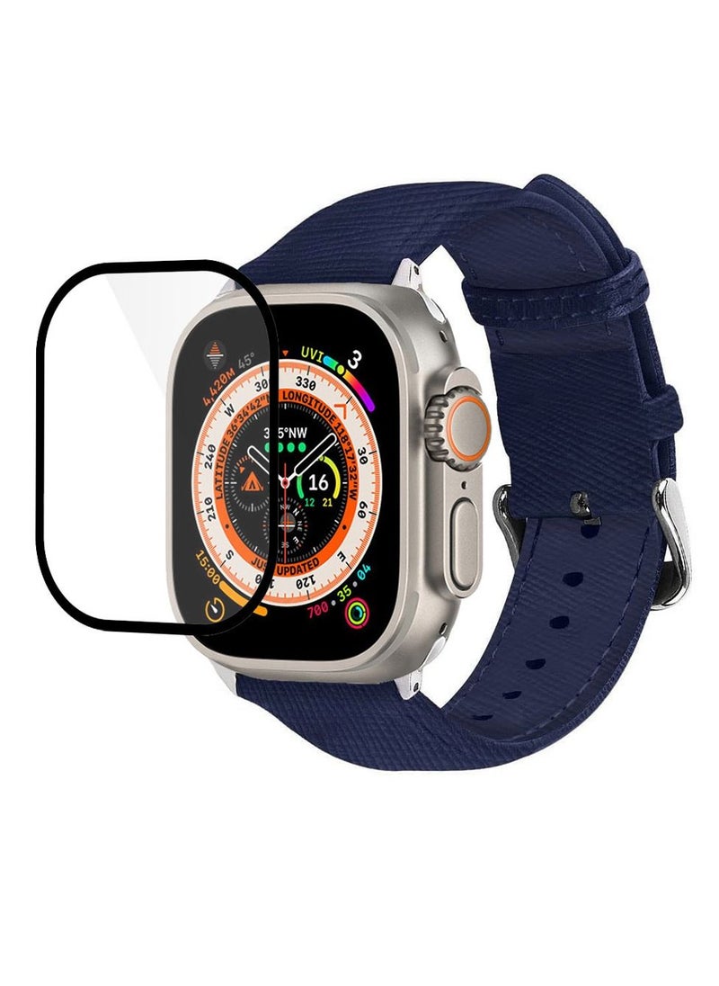 CATANES - 2 Packs For Apple Watch Band 49mm Leather Band Buckle Strap Wristband and 3D Screen Protector Royal Blue - Image 1