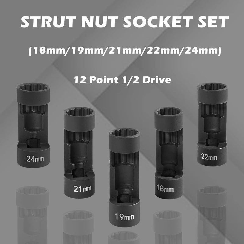 Sunluway 5pcs Strut Nut Socket Set 18mm 19mm 21mm 22mm 24mm with 12 Point 1/2" Drive - Image 2