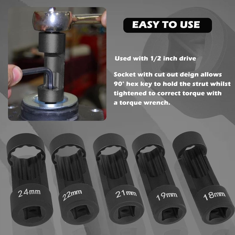 Sunluway 5pcs Strut Nut Socket Set 18mm 19mm 21mm 22mm 24mm with 12 Point 1/2" Drive - Image 4
