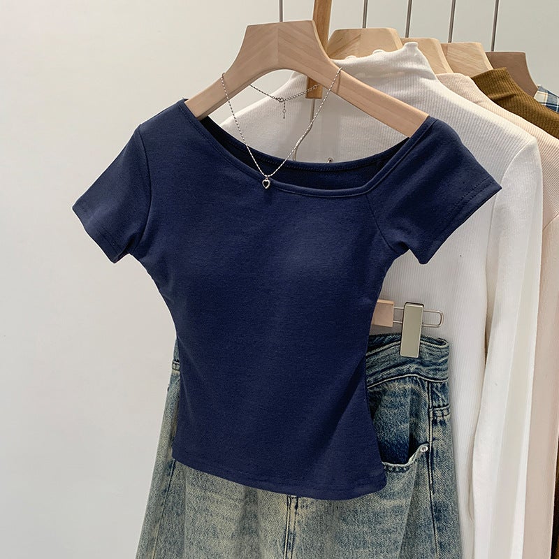 2026 Early Spring Stylish And Girl Short-Sleeve T-Shirt With Chest Pads For Women, New Summer Commuter Style, Slim Fit, One-Shoulder, Off-Shoulder Short Top - Image 1