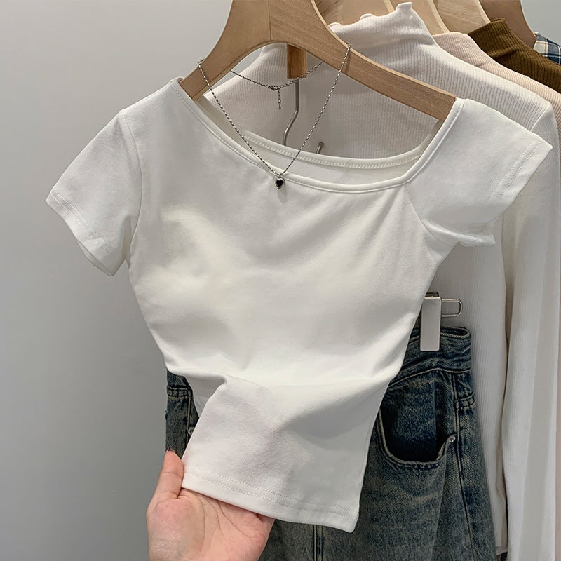 2026 Early Spring Stylish And Girl Short-Sleeve T-Shirt With Chest Pads For Women, New Summer Commuter Style, Slim Fit, One-Shoulder, Off-Shoulder Short Top - Image 3