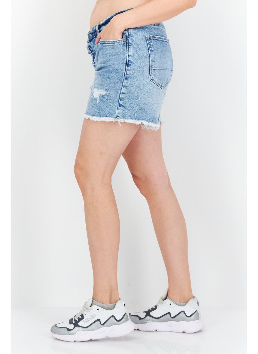 Earnest Sewn Women Washed Denim Shorts, Blue  - Image 3