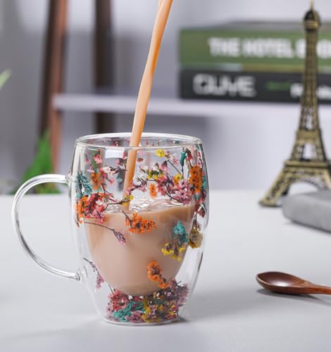 Rain House Double Glass Flower Tea Cup, Aesthetic Preserved Flower Cup, Cute Insulated Tea Cup with Handle, Heat Resistant & Lead-free Coffee Mugs, Gifts for Birthday Mother's Day, Perfect for Women Wife Mom (D) - Image 3