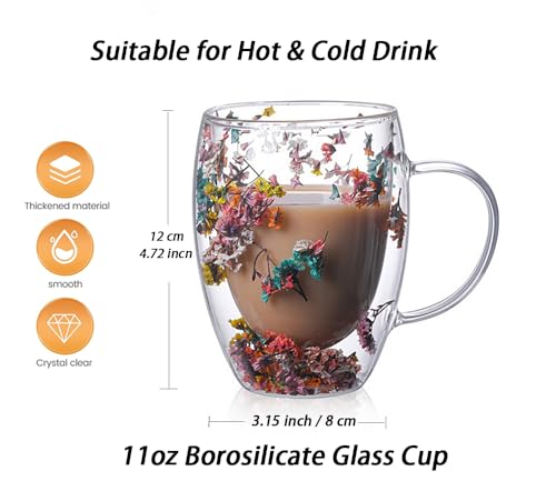 Rain House Double Glass Flower Tea Cup, Aesthetic Preserved Flower Cup, Cute Insulated Tea Cup with Handle, Heat Resistant & Lead-free Coffee Mugs, Gifts for Birthday Mother's Day, Perfect for Women Wife Mom (D) - Image 5
