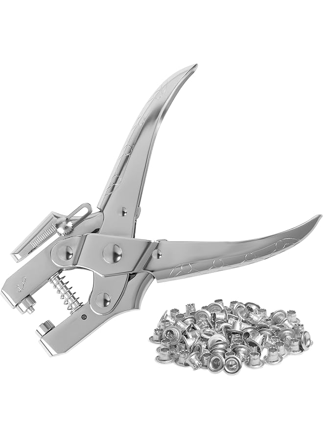 Kurtzy Eyelet Hole Punch Pliers Kit With 100 Silver Eyelets - 16Cm/6.3 Inch Leather Belt Grommet Tool - 8.5Mm Silver Metal Grommets - Plier Puncher Set For Fabric, Clothes, Shoes, Bags And Crafts - Image 1