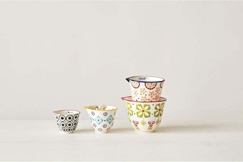 Creative Co-Op Floral Hand Stamped Stoneware Measuring Cups (Set of 4 Sizes/Designs) - Image 3