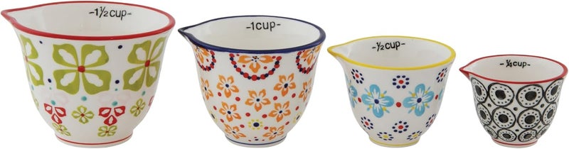Creative Co-Op Floral Hand Stamped Stoneware Measuring Cups (Set of 4 Sizes/Designs) - Image 1