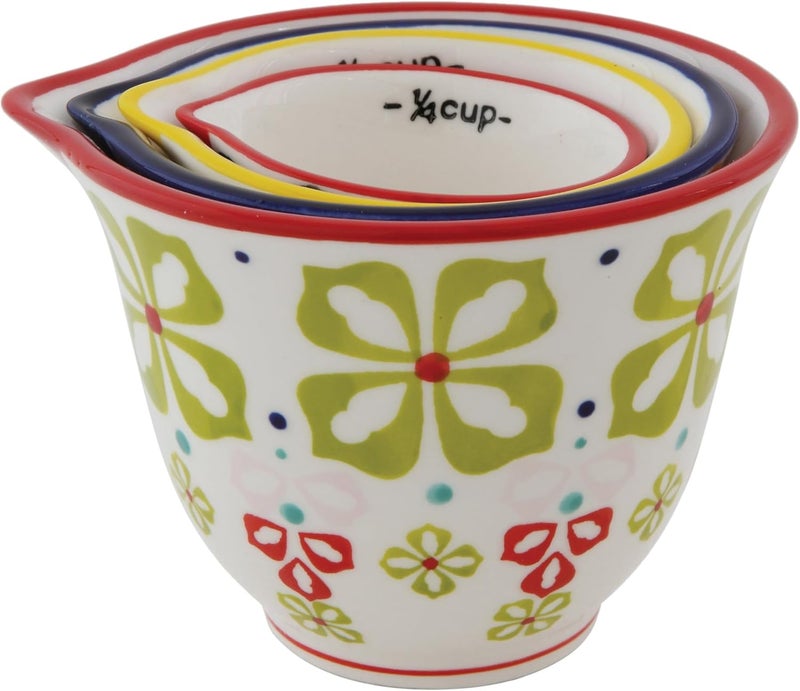 Creative Co-Op Floral Hand Stamped Stoneware Measuring Cups (Set of 4 Sizes/Designs) - Image 4