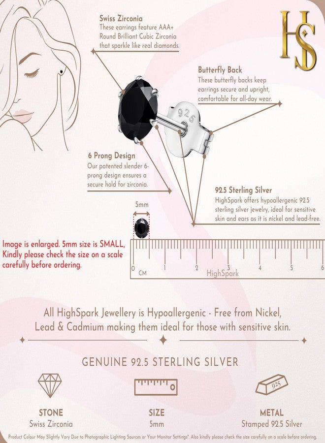 HIGHSPARK 925 Silver Solitaire Black Stud Earrings | 92.5 Sterling Silver & Diamond Like Brilliance Zirconia Tops for Men Women | Black 5mm - Image 2