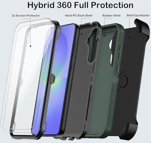 KECAI for Samsung Galaxy A36 5G Case with Belt Clip Holster,2X Screen Protectors & Kickstand,Heavy Duty Shockproof Drop Protection Bumper Military Grade Full Body Rugged Durable Phone Cover (Deep Green) - Image 3