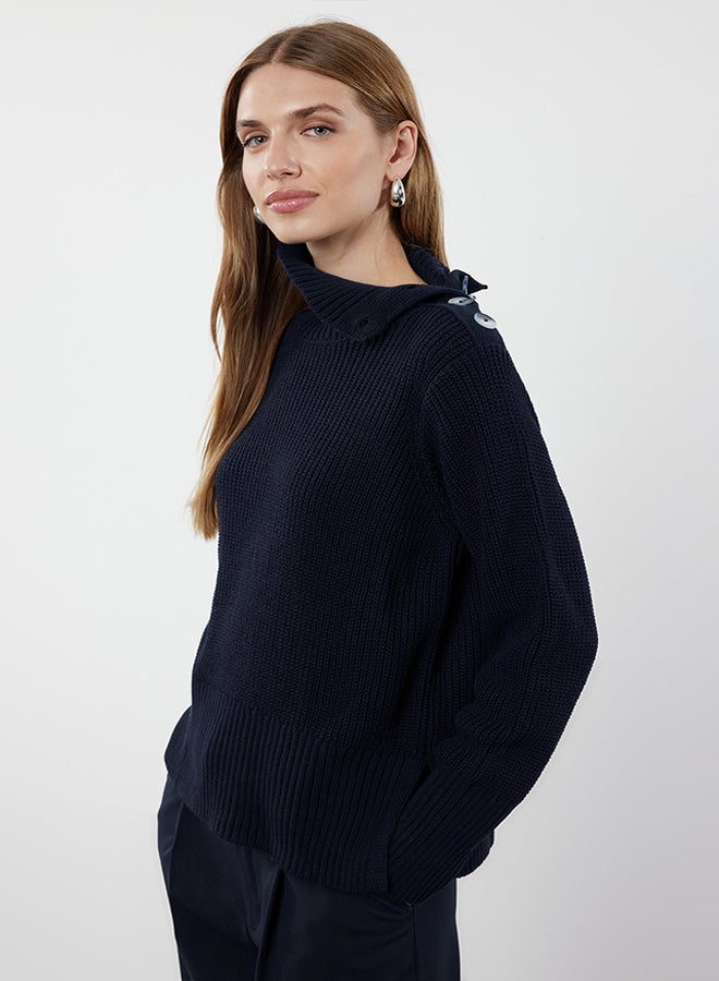 trendyol Navy Blue Collar Button Detailed Soft Textured Knitwear Sweater TWOAW25KZ00123  - Image 2