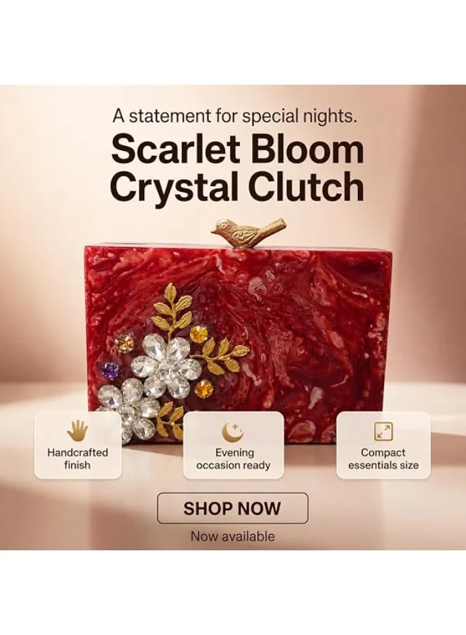 Mobcos red Women's Premium Acrylic Evening Clutch Bag | Luxury Resin Box Purse with Crystal Floral Embellishment, Detachable Chain Strap | Elegant Wedding, Party, Cocktail, Bridal & Formal Handbag | Red for Women | Best Price UAE