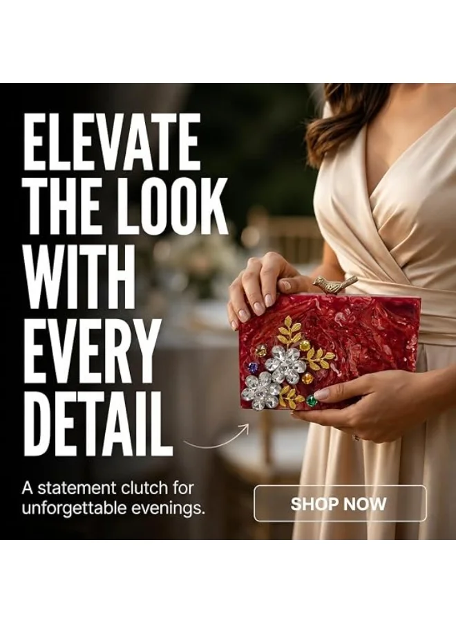 Mobcos red Women's Premium Acrylic Evening Clutch Bag | Luxury Resin Box Purse with Crystal Floral Embellishment, Detachable Chain Strap | Elegant Wedding, Party, Cocktail, Bridal & Formal Handbag | Red for Women | Best Price UAE